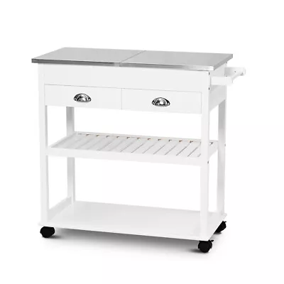 Kitchen Island Trolley Serving Cart 3 Tier Portable Workbench 2 Drawers White • $254.50