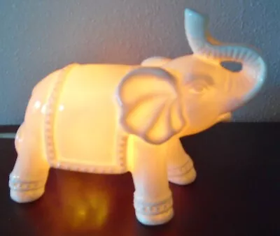 Vintage White Ceramic Elephant Night Light-accent Lamp Trunk Up For Luck • $18