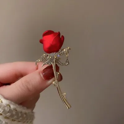 Fashion Red Rose Flower Enamel Crystal Brooch Pin Corsage Bouquet Women Jewelry • $3.85