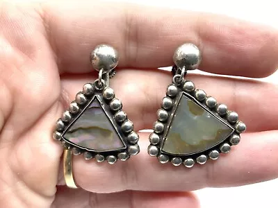 Vintage Mexico Sterling Silver Abalone Inlay Bead Ball Screwback Dangle Earrings • $7.99