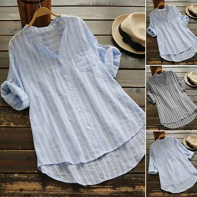 Plus 8-24 Women Striped V Neck Casual Shirt Loose Long Sleeve Tops Shirts Blouse • £5.69