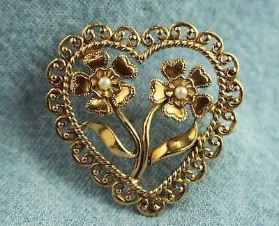 Unsigned Vintage Avon Heart W/ Flowers & Faux Seed Pearls Pin Brooch • $10