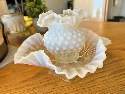 Fenton Vase Hobnail White Blue Pastel Milk Glass Ruffled Edge Vase Bowl Lot RARE • $99.99