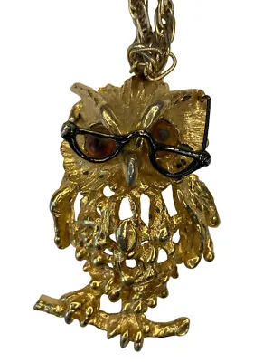 VTG TANGERII Owl Amber Eyes GoldTone Pendant Necklace • $20