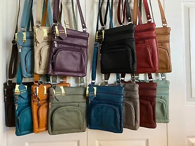 14 COLORS - Roma Leathers 6 Compartment 100% CROSSBODY LEATHER BAG  9.5  X 7.5  • $19