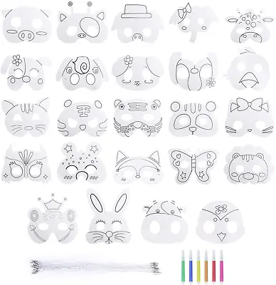 Animal Mask White Card Colour-In Masks Kids DIY Graffiti Masks Hand Painting Art • £10.91