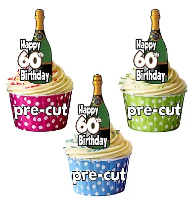 60th Birthday Champagne Bottles - Precut Edible Cupcake Toppers Cake Decorations • £6.99