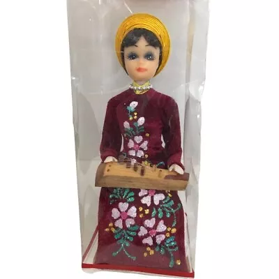 Traditional Vietnam 7  Doll Woman Playing Zither Yellow Hat Sitting • $19