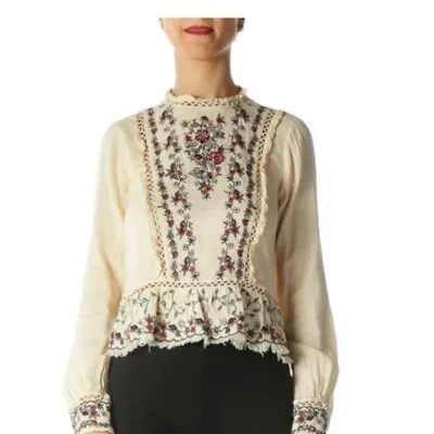 Zara Womens XS Cream Floral Embroidered Boho Blouse • $25