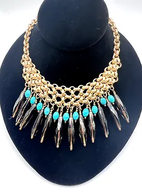 Unique Chunky Marie Chavez Smoke Glass Turquoise Beaded Gold Chain Bib Necklace • $16.50