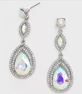 2.25  Long Silver Aurora Borealis AB Crystal Pageant Clear Prom Earrings • $14.50