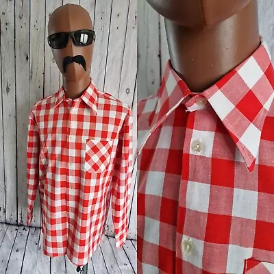 Vintage 70s Gingham Check SHIRT -Large- Red Cotton Mod Disco  BS38 • £10