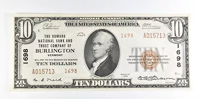 1929 $10 Burlington VT National Currency Note CH 1698 *0188 • $249