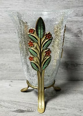 ADORE Art Deco Style Crackled Glass Vase With Brass Stand Sculpture Flowers • £29.99