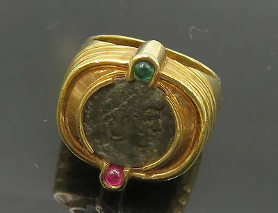 18K GOLD - Vintage Red & Green Stone Shiny Dome Coin Band Ring Sz 7 - GR003 • $1198.18
