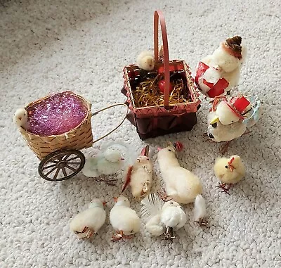 $79 • Buy Vintage Spun Cotton Easter Lot Chicks Bunny Cart Basket Japan