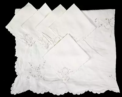 Vintage Tablecloth + 5 Matching Napkins Linen White Floral Cut Work 64  X 50  • $5.99