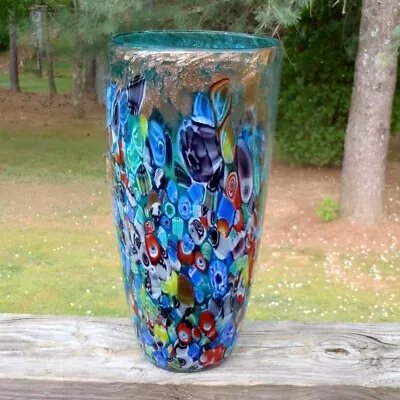 VTG Murano Italy Blue Art Glass Millefiori Canes W/Gold Inclusions 12  VASE EUC • $34.66