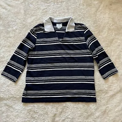 HOT COTTON By MARC WARE Notch V-Neck Pullover Shirt Blue White Stripe Size L • $16.99