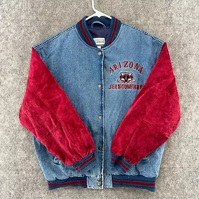 VTG Arizona Jacket Mens L Blue Red Denim Varsity Leather Bomber Coat 90s • $22.45