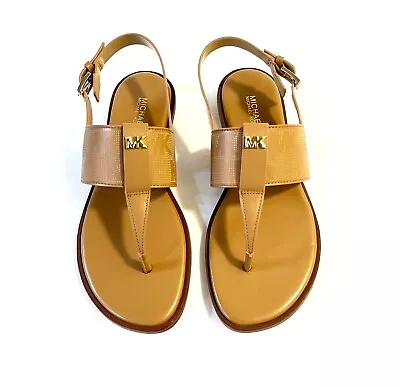 Women MK Michael Kors Verity Flat Buckle Up Sandals Luggage Brown • $64.99
