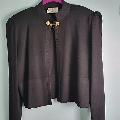 St. John Cropped Cardigan Sweater Black Sz 12 Sweater Pin Quiet Luxury Vintage • $65