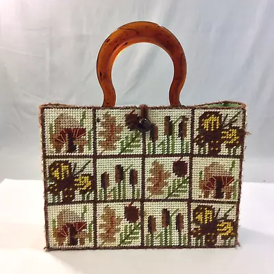 Vintage Needlework Bag Plastic Canvas Lucite Handle Nature Mushrooms Cattails • $19.95