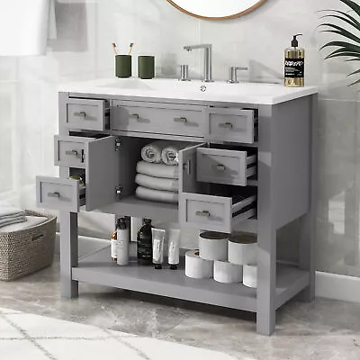 36'' Bathroom Vanity W/ Sink Freestanding Vanity Cabinet 6 Drawers Open Shelf • $318