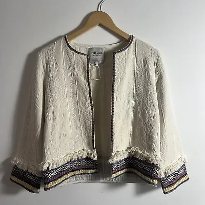ZARA Cream Tapestry Style Jacket 3/4 Sleeve Aztec Trim Boho Size UK Medium • £19.99