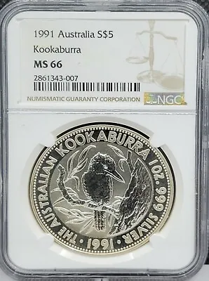 1991 Australia Silver $5  Kookaburra Series  Ms-66 Km# 138 • $79