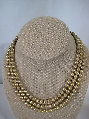 Vintage 3 Strand Gold Tone Round Textured Ball Bead Necklace With Hook Fastener • $19.99