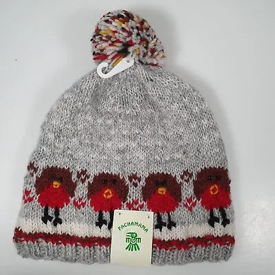 BNWT Pachamama Robin Bobble Beanie Hat Wool Hand Knitted • £22