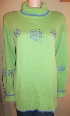 Quacker Factory Turtleneck Tunic Sweater Xl New Green Metallic Purple Snowflake • $29.99