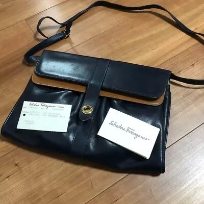 Vintage Salvatore Ferragamo Leather Shoulder Bag Crossbody Navy & Brown • $158