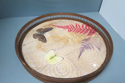 Vintage MCM 11  Bamboo Round Butterflies Ferns Under Glass Drink Serving Tray • $15