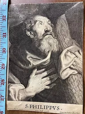 Religious Engraving St. Philip With Cross 1660 Caukercken Van Dyck Print Etching • $90