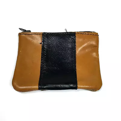 Coin Change Holder Vintage Men's Small Leather Zipper Pouch Light & Dark Brown • $13.99