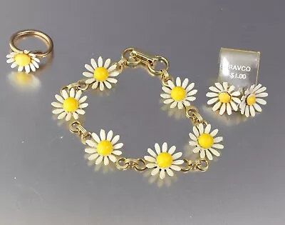 Vintage White Enamel Daisy Flower Ring Bracelet & Earring Set Nos • $5.99