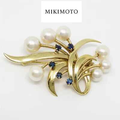 NYJEWEL Mikimoto 14k Yellow Gold Pearl & Sapphire Pin Brooch • $950