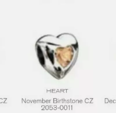 MISS CHAMILIA Sterling Silver Heart Birthstone- NOVEMBER X1 Bead Charm Retired • £7.99