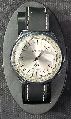 Authentic Raketa Russian 24 Hour World Time Men's Mint Silver Dial Vintage Watch • £85