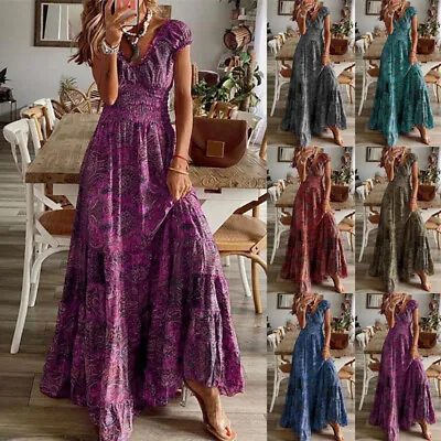 Women Plus Size Holiday Boho Dress Ladies Summer Beach Long Maxi Dress Sundress • $37.82