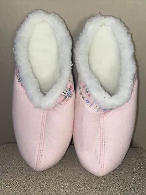 Vintage LL Bean Pink House Shoes Slippers White Faux Fur Lining Never Worn • $25