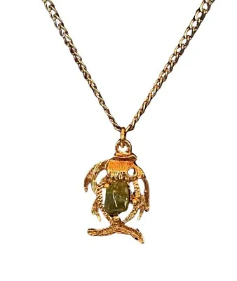 Vintage Fish Necklace Gold Tone Green Mineral Stone Belly Pendant 16  Inches • $10.32