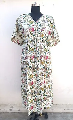 Indian Cotton White Floral Printed Kaftan Dress Women's Clothing Kaftan Dress AU • $33.75