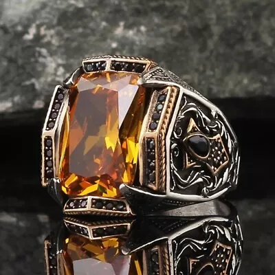 Men's Ring 925K Sterling Silver Turkish Handmade Jewelry Citrine All Size • $64