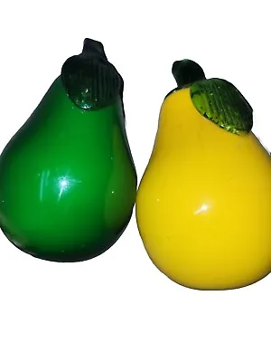 Vintage Set Of 2 Murano Style Hand Blown Glass Fruit Pears Yellow & Green 5 Inch • $35