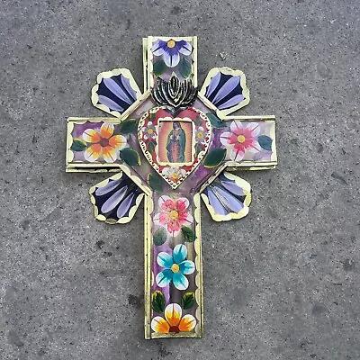 Mexican Tin Wall Double Cross Vigen De Guadalupe Handmade Folk Art 12 X 9 • $39.99