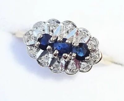 Vintage 9ct Gold Sapphire & Diamond Three Stone Ring Size J1/2 • £139.99