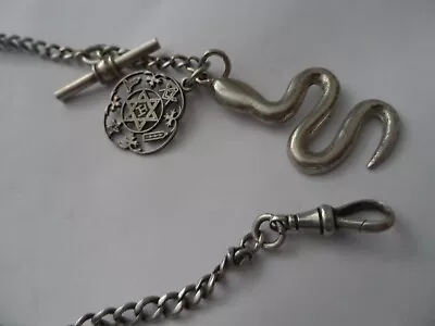 Old Masonic  Solid Silver Albert Watch Chain And Fobs. L :35 CM . W : 41 G • £49.99